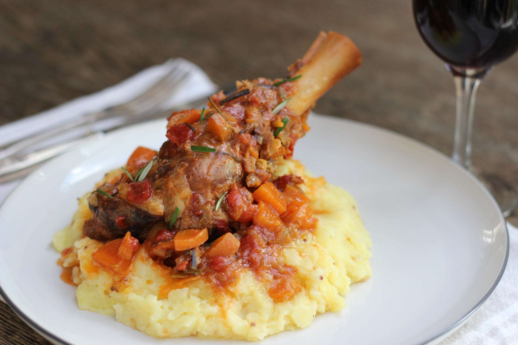 Tomato and Leek Lamb Shanks with Mustard Mash